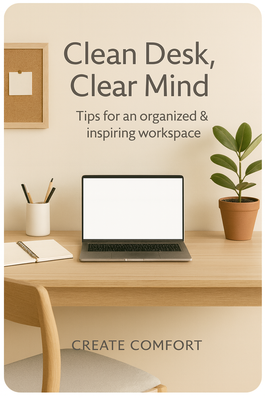 Clean, organized desk with text overlaying it of the name of the blog