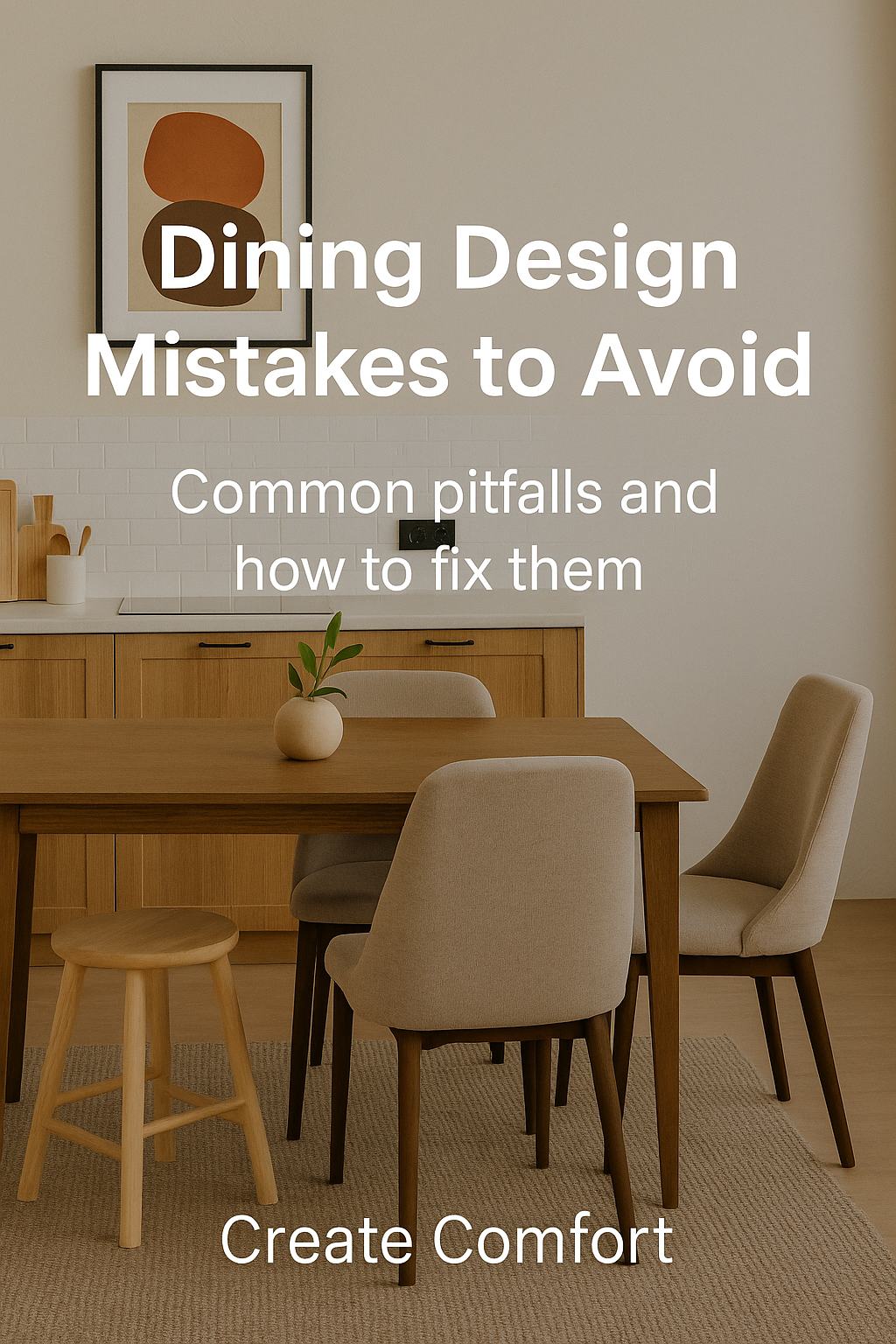 Dining room with neutral tones and text of blog name overlaying it