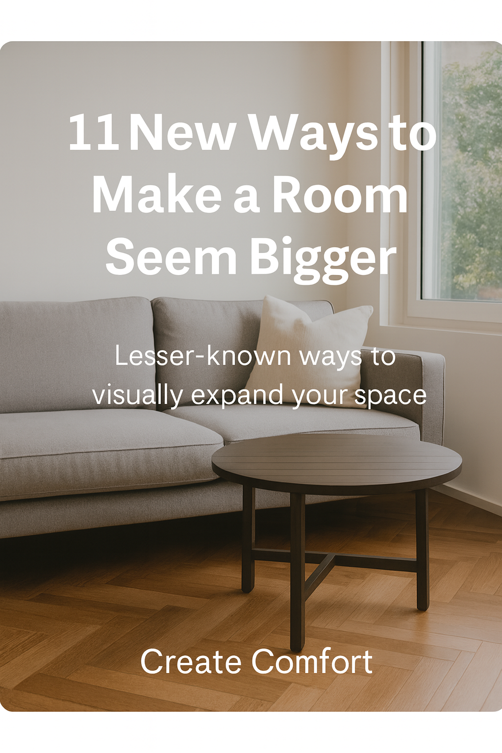 Couch and table on hard wood floor with text overlaying image