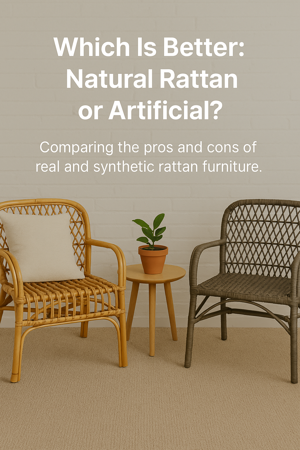 Two similar looking ratan chairs, one natural and one artificial in a small living room