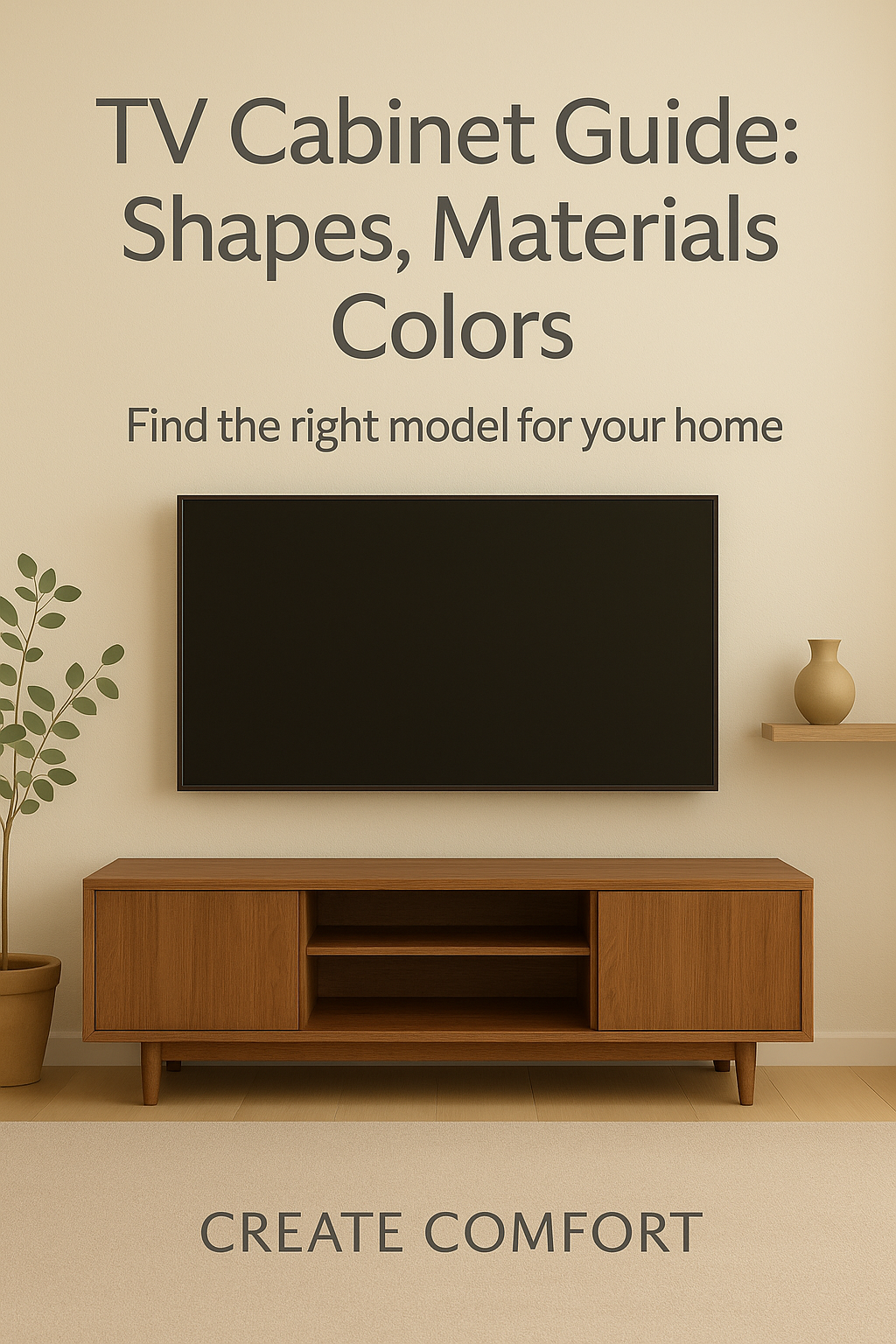 TV mounted of a media console on a neutral tone living room with text overlaying