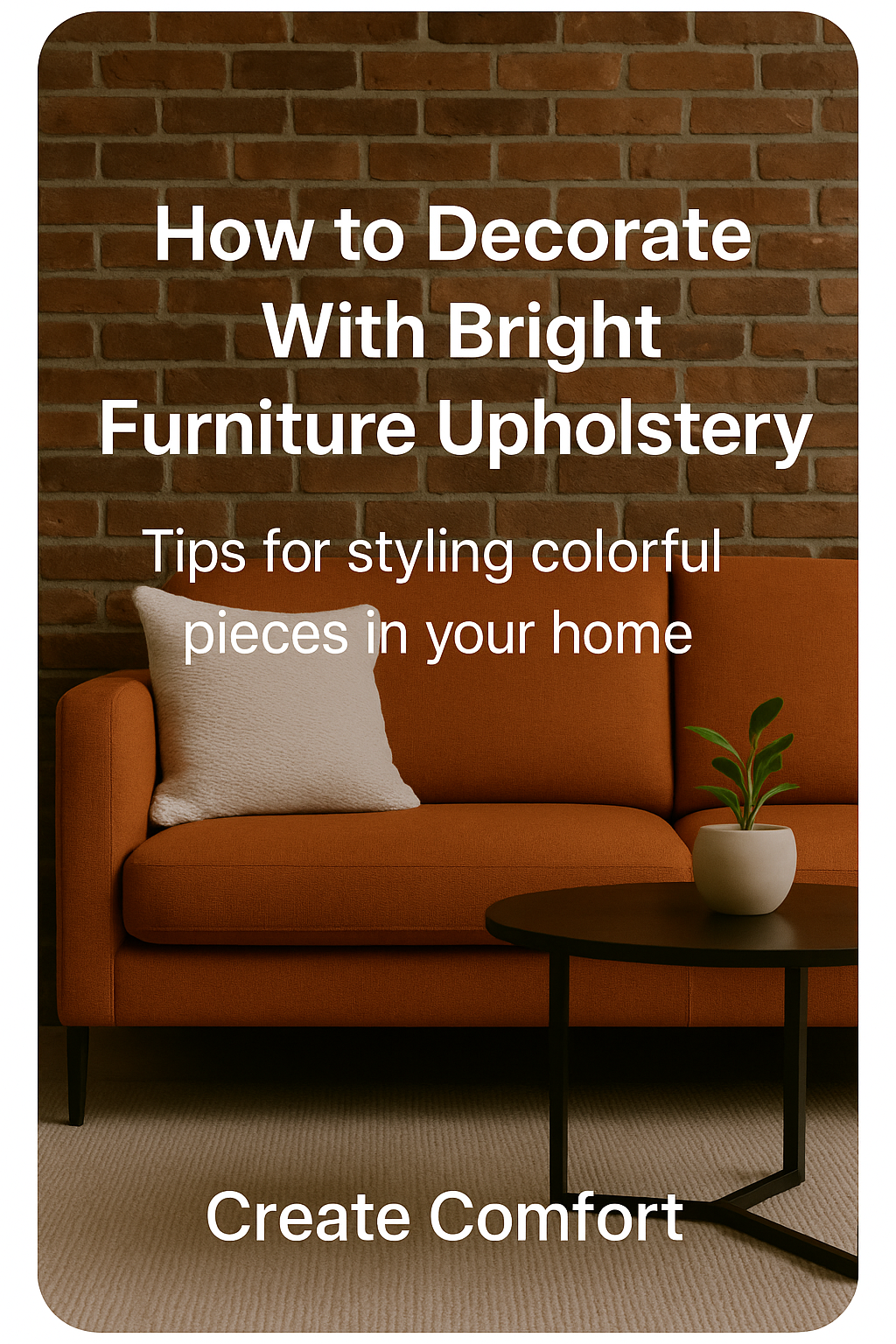 Orange couch with white pillow and overlaying text of the title of the blog