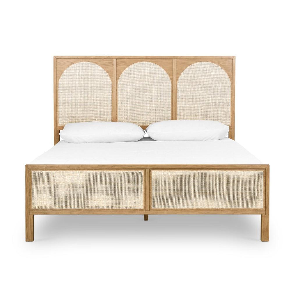 Honey oak bed with cane arches - modern natural bedroom furniture