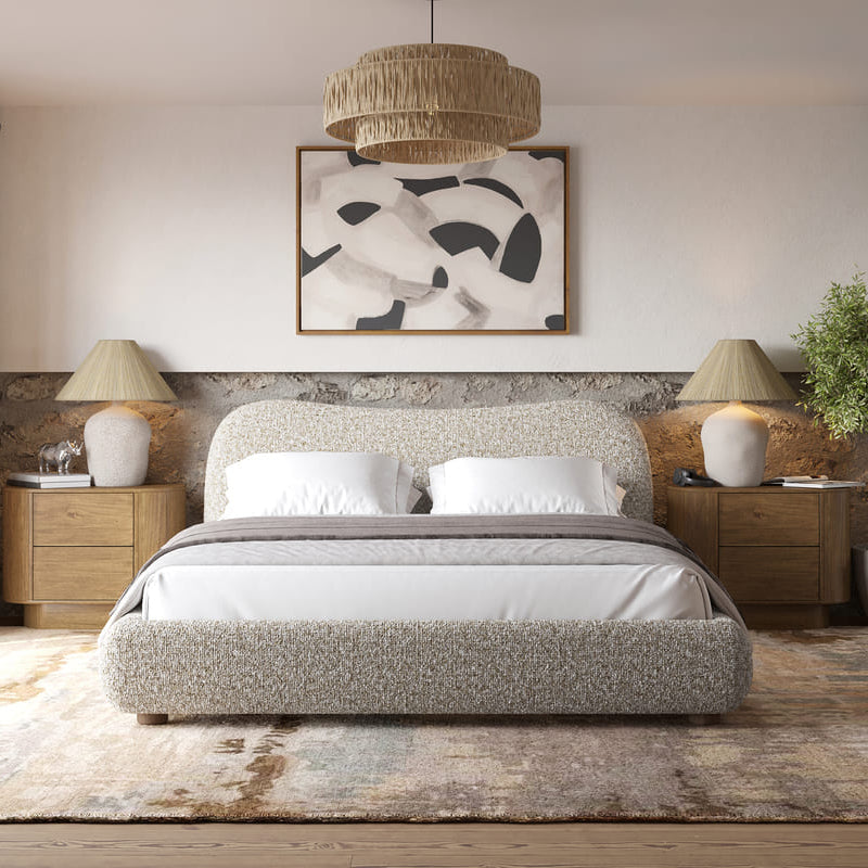 Modern curved headboard bed - luxurious boucle upholstered frame