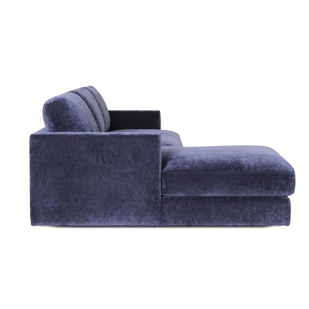 Close-up of indigo velvet upholstery on Houston sectional