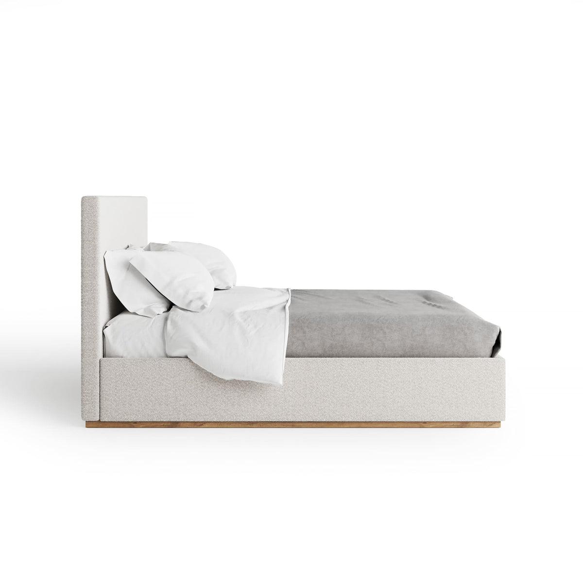 Gray bed with white bedding on a white background