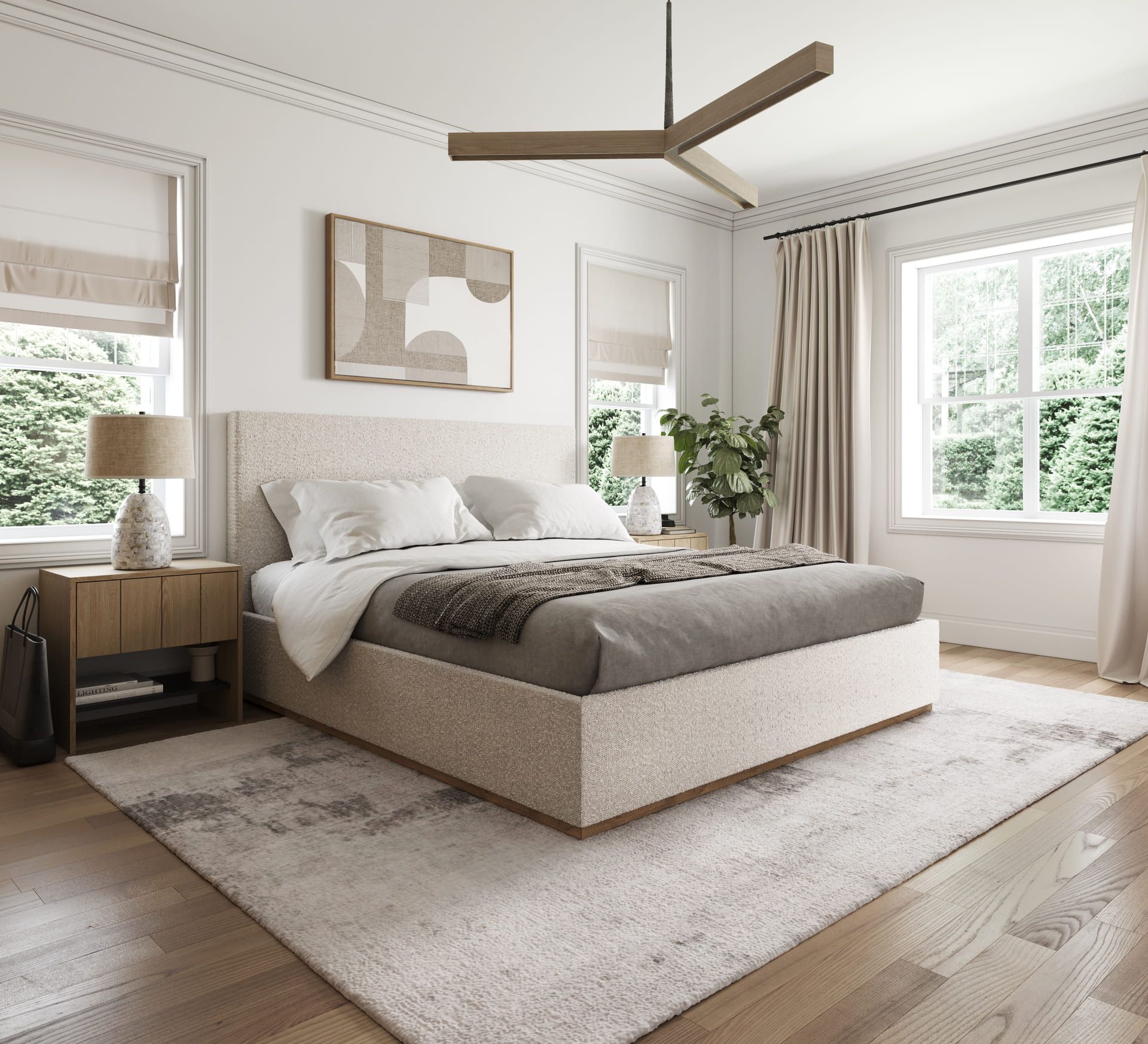 Modern bedroom with a bed, nightstands, and large windows.