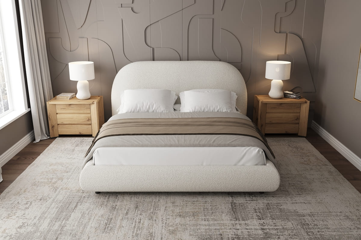 Close-up of Stella bed luxurious boucle headboard texture