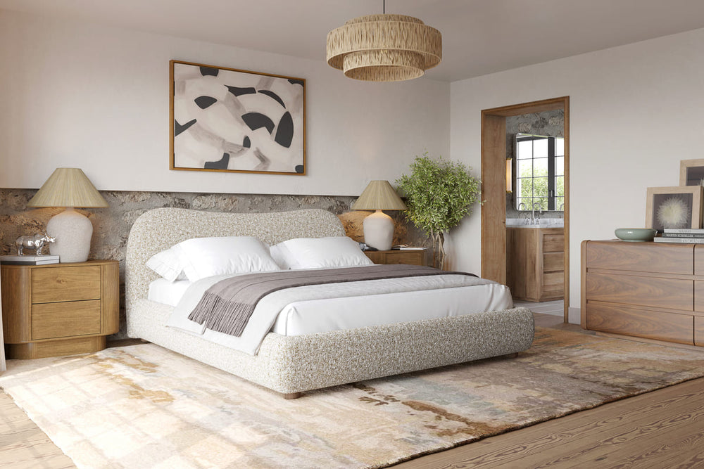 Curved headboard detail - premium boucle fabric texture and quality