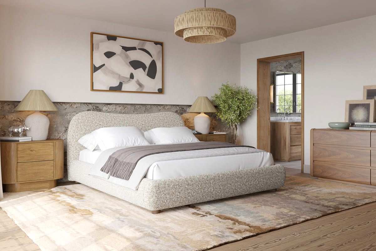 Curved headboard detail - premium boucle fabric texture and quality