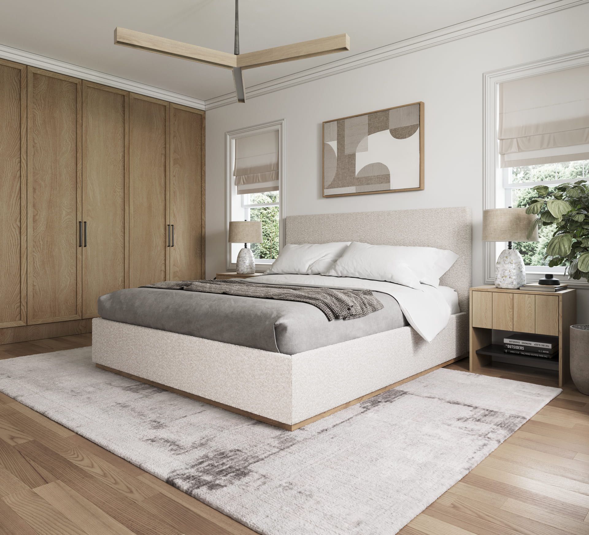Modern bedroom with a bed, wardrobe, and decor elements.