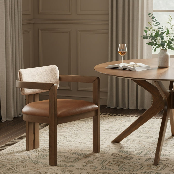 Ravina Vegan Leather and Linen Textured Fabric Upholstered Dining Chair - Cognac - 88079-C-COGNAC_3