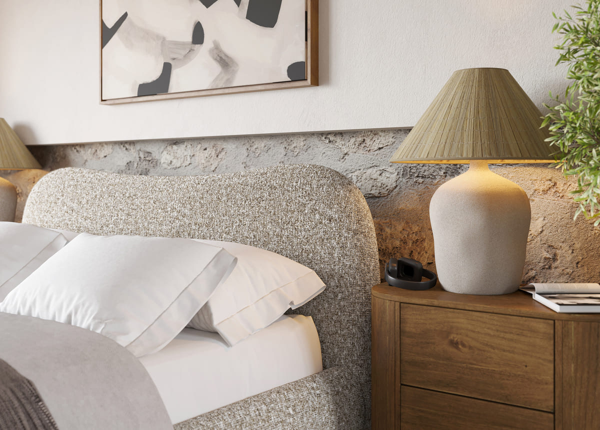 Oliver Bed in modern bedroom interior - grey upholstered bed frame