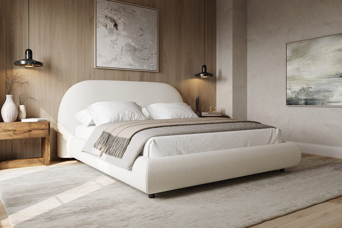 Solana Bed light beige fabric in minimalist neutral bedroom