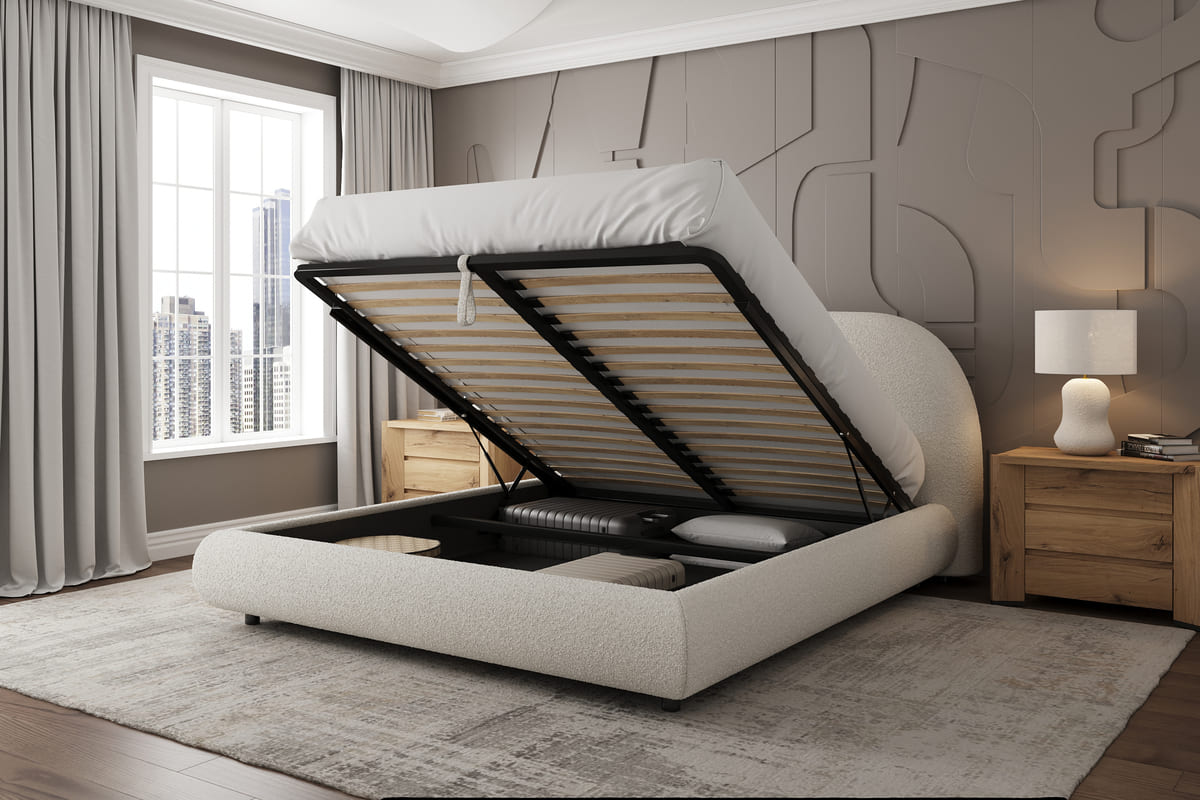 Modern bedroom with a beige upholstered bed featuring an open storage compartment.