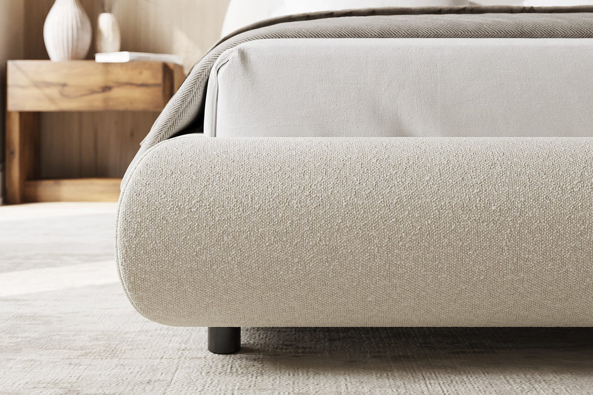 Detail of Solana Bed boucle headboard and upholstered frame