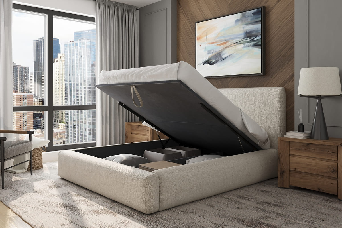 Beige upholstered bed with storage compartment in a modern bedroom.