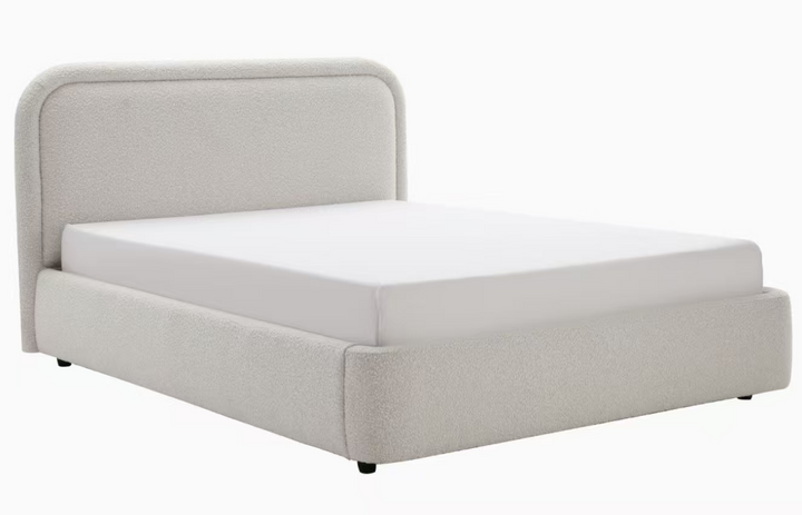 A modern platform bed with a textured light gray upholstered frame and a white mattress, shown against a plain white background.