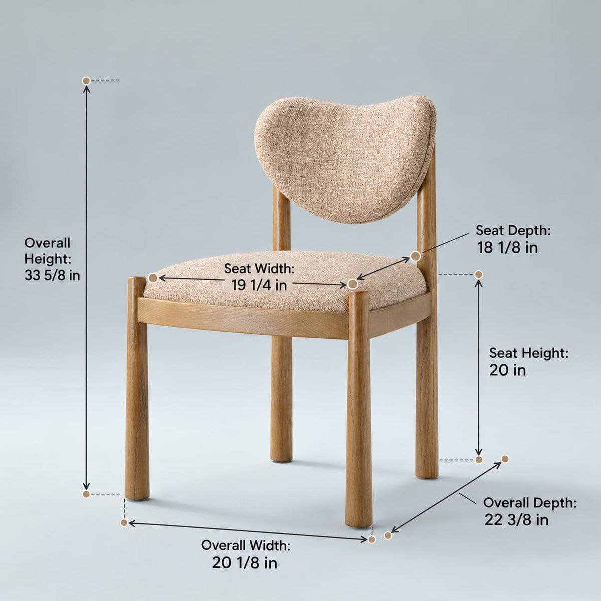 Vela Dining Chair dimensions: 33 5/8" H, 20 1/8" W, 22 3/8" D. Seat height 20", width 19 1/4", depth 18 1/8". Solid light oak frame.