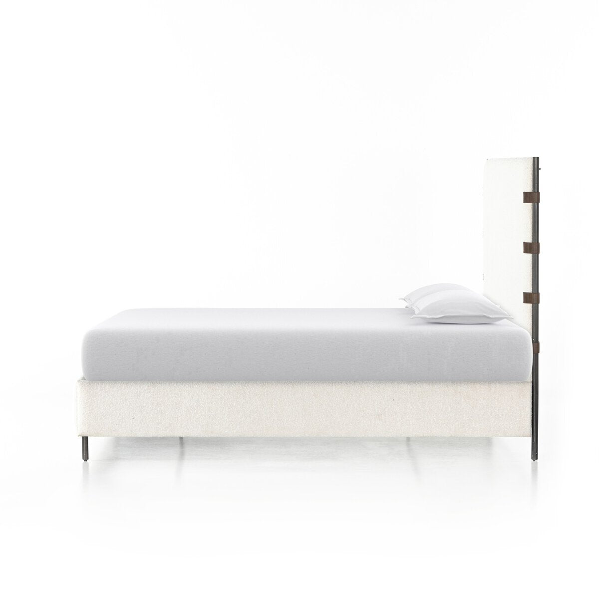 Anderson Bed with white mattress and gray blanket on a white background