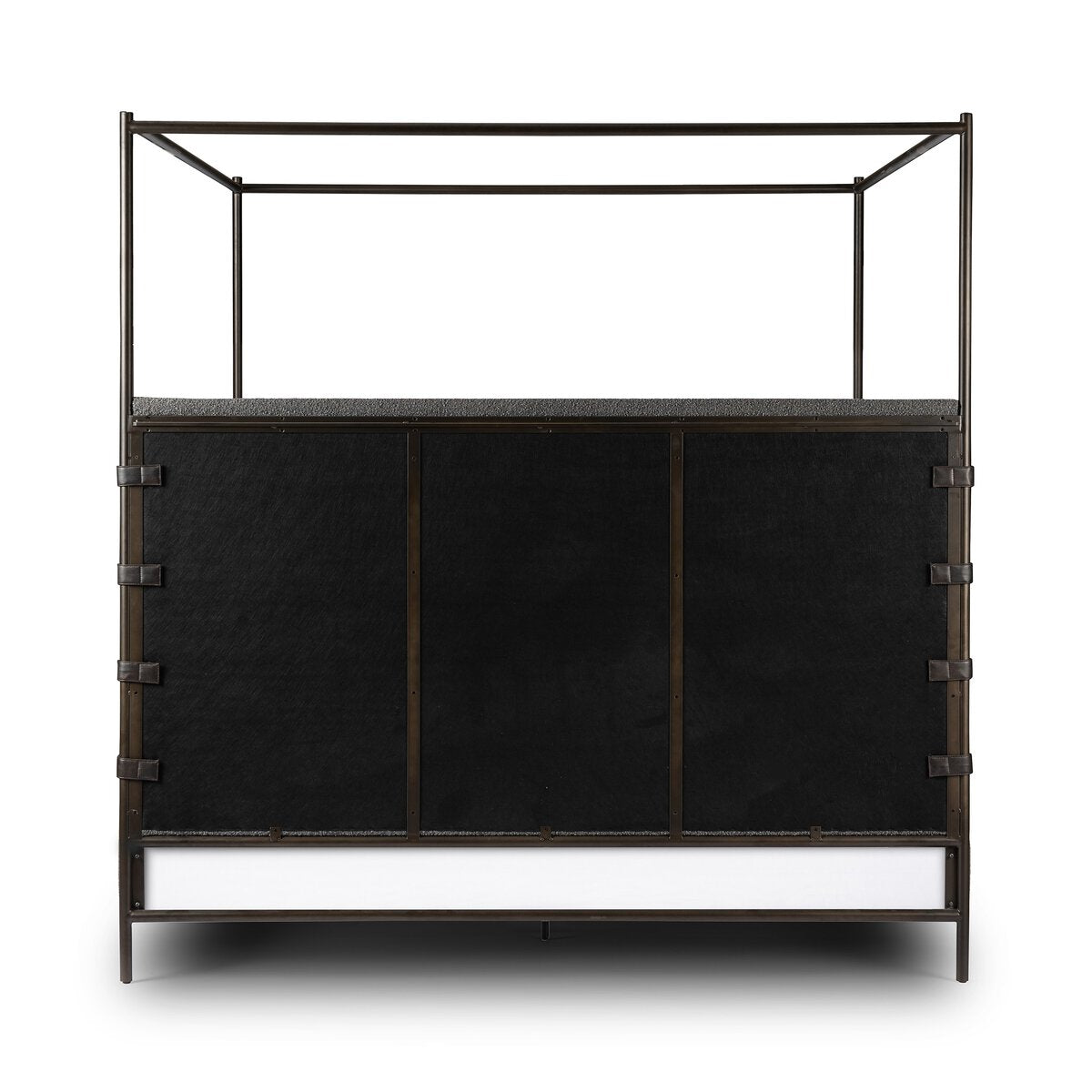Black metal bed frame with a canopy on a white background
