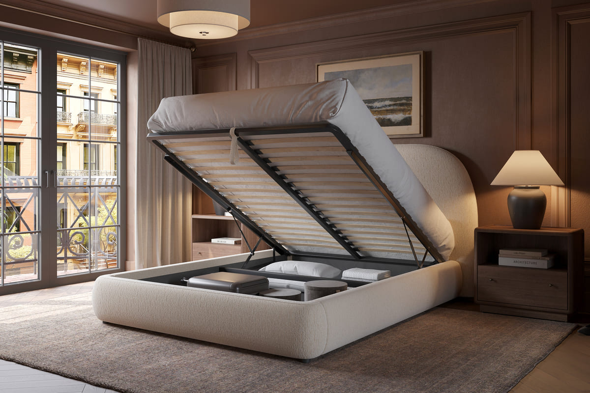 Asher Storage Bed cream king in modern bedroom