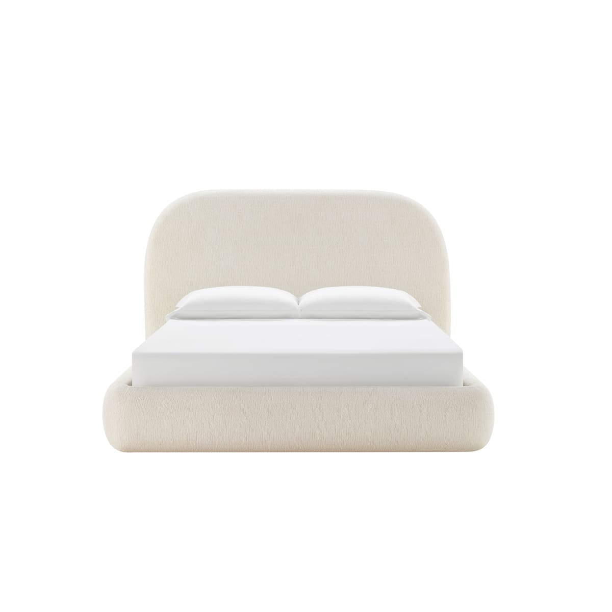 Close-up of Asher bed rounded headboard and soft fabric upholstery