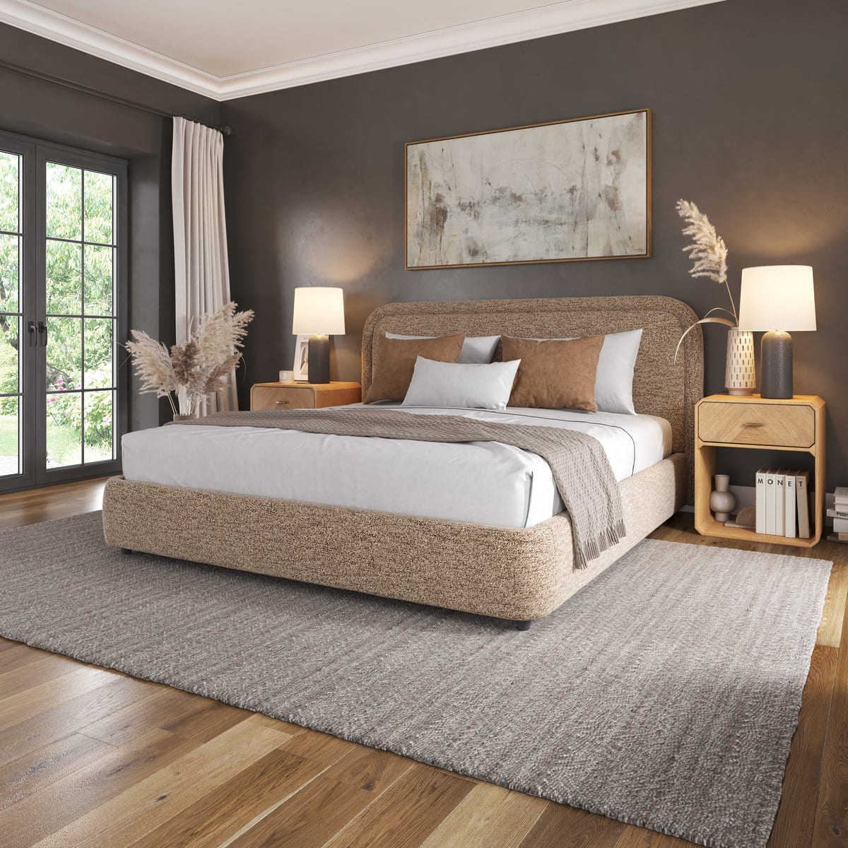 Modern bedroom with a textured bed and matching nightstands.