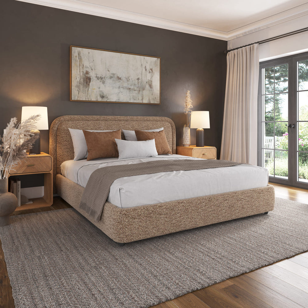 Modern bedroom with a bed, nightstands, and artwork on a dark wall.