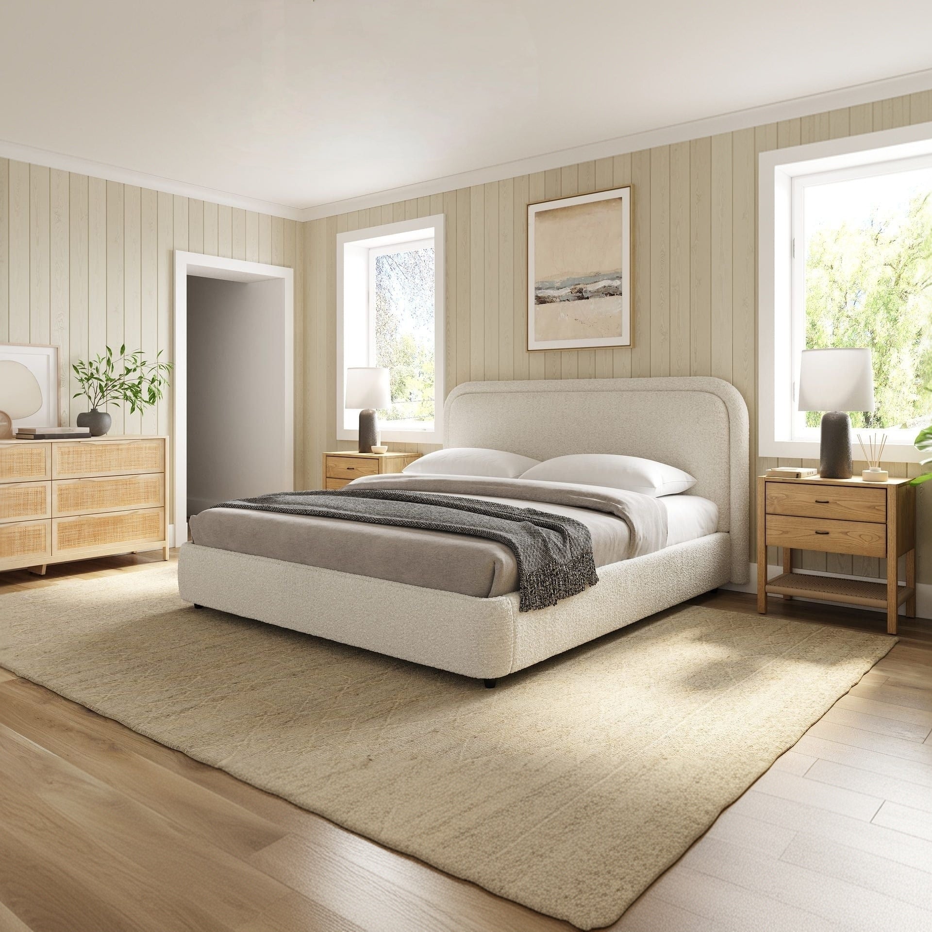 Aurora Storage Bed in Boucle – neatly made bed in modern bedroom