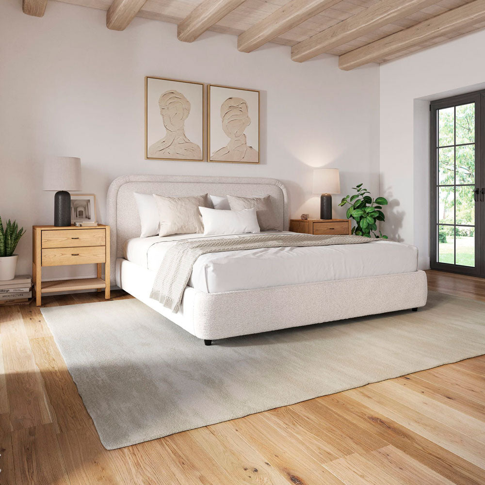 Close-up of Ivery bed luxurious boucle headboard texture