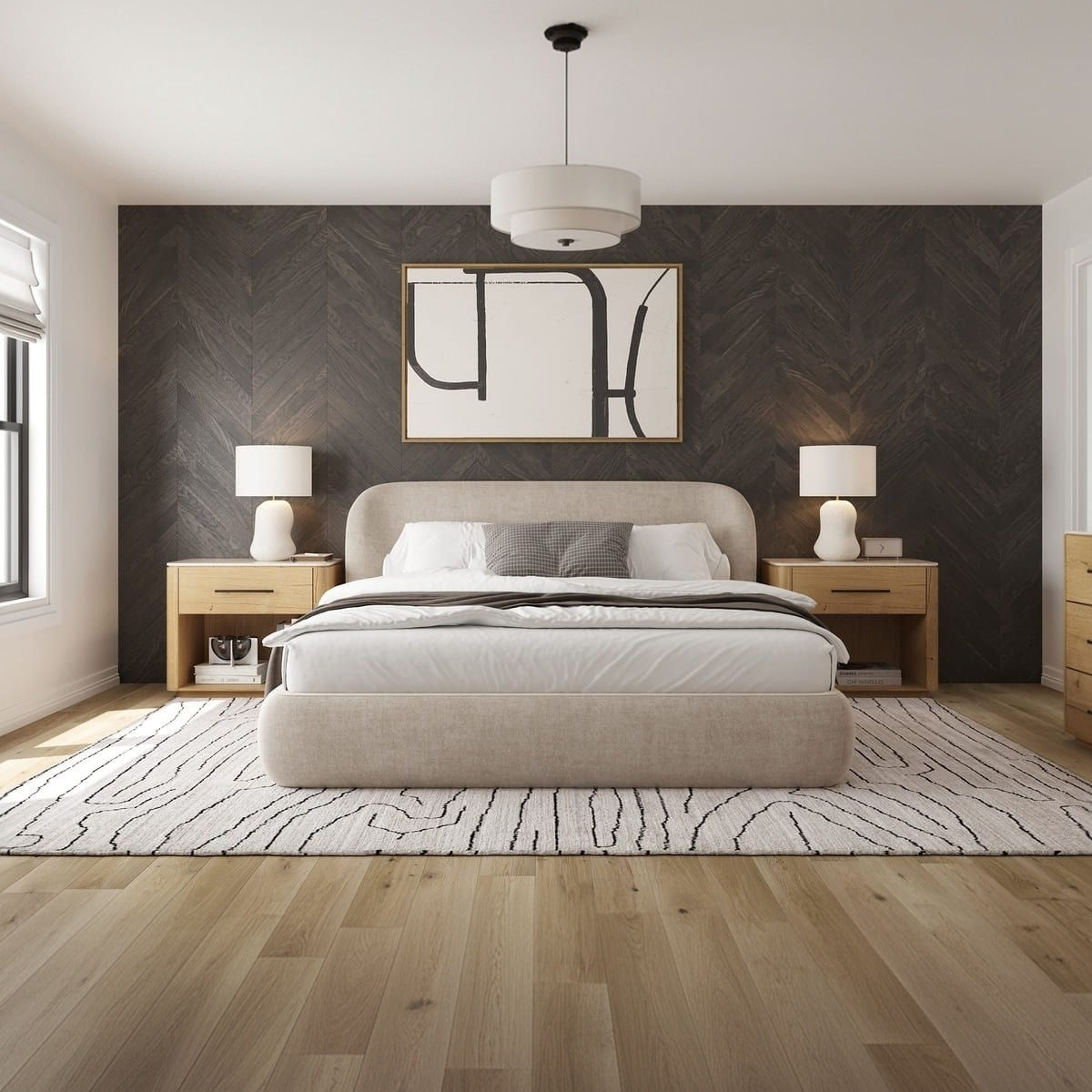 Modern Chelsea upholstered bed King size in bedroom setting