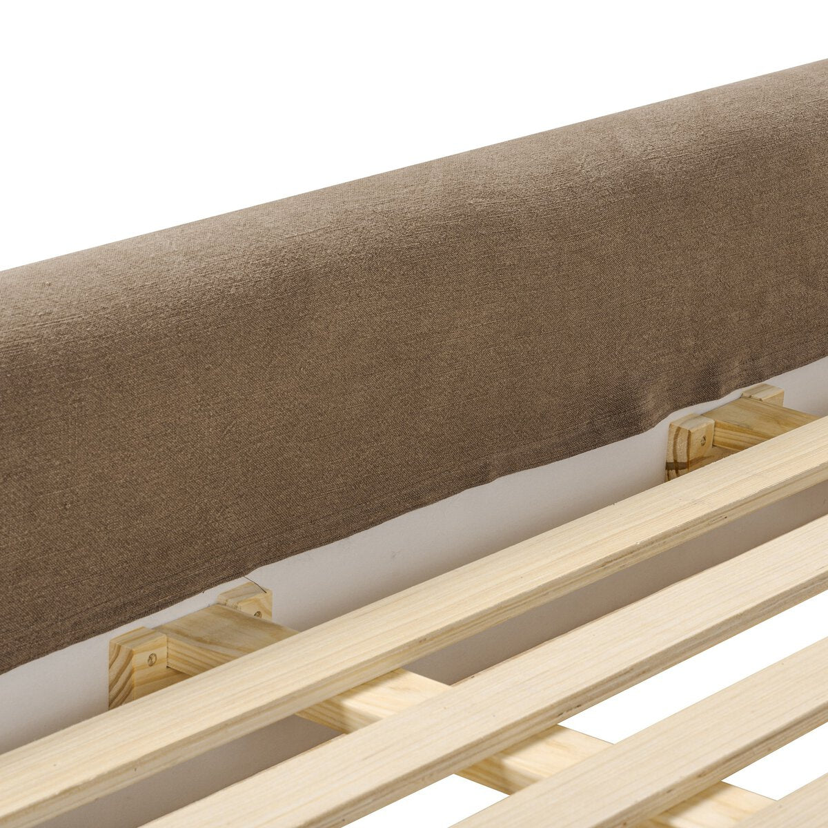 Wooden bed frame with a brown mattress on a white background