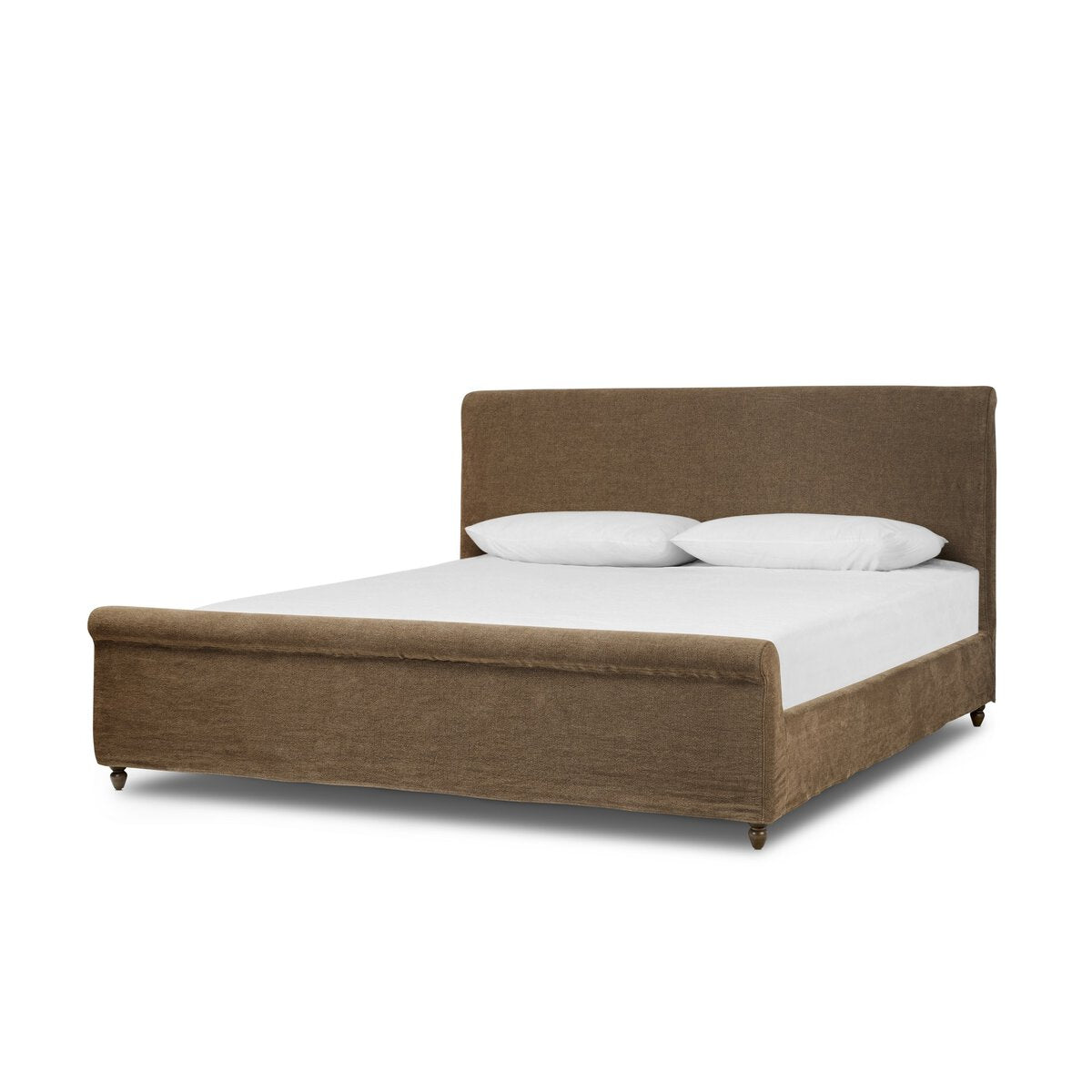 Brown upholstered bed with white mattress and pillows on a white background