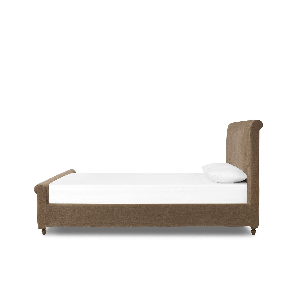 Bed with brown frame and white mattress on a white background