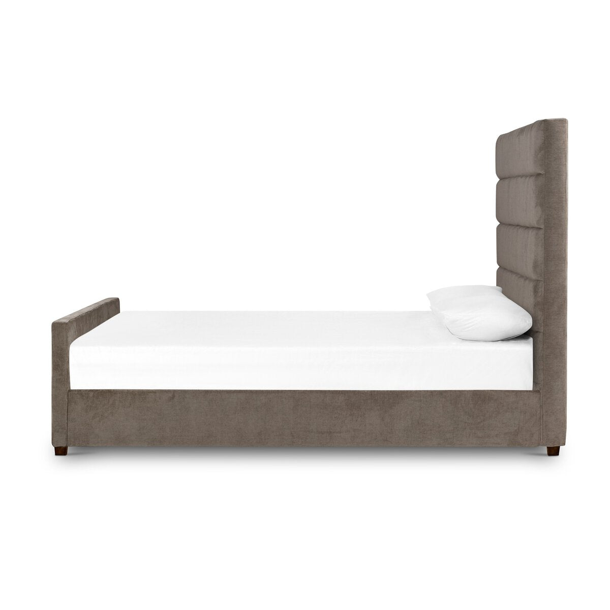 Bed with brown upholstered headboard and white mattress on a white background