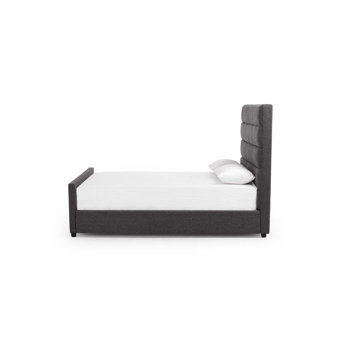 Gray upholstered bed with white mattress and pillow on a white background