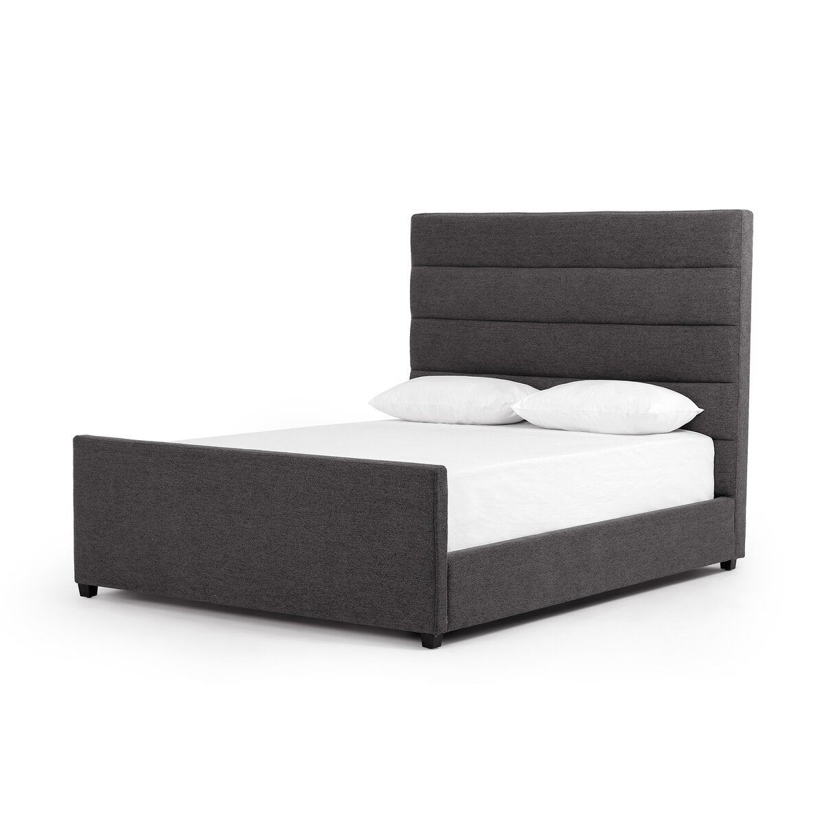 Gray upholstered bed with white bedding on a white background