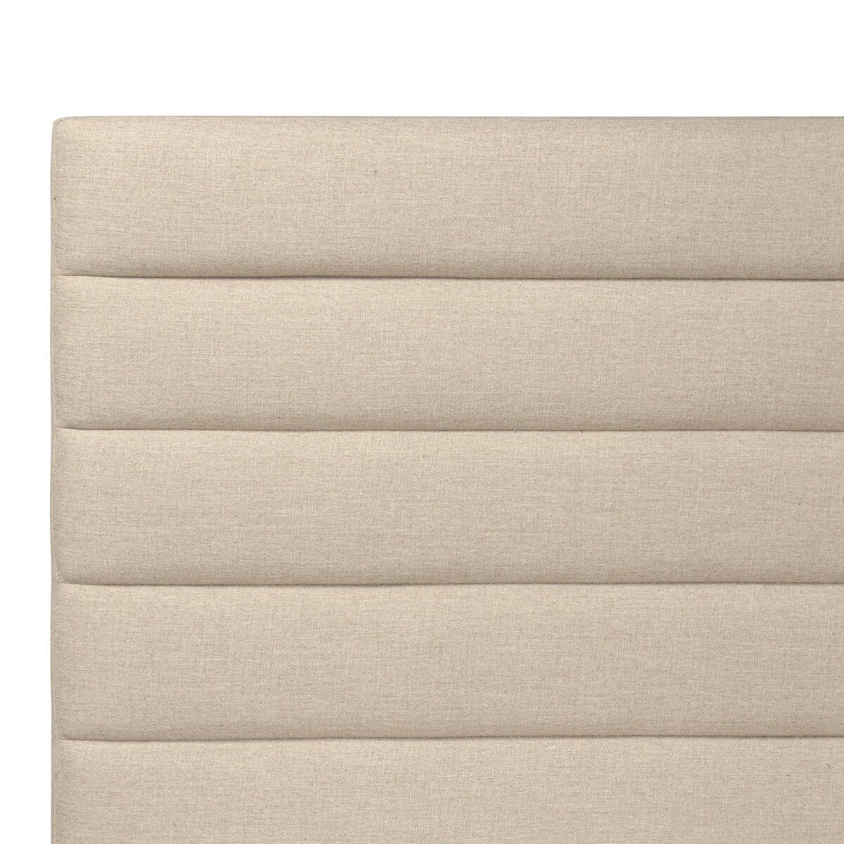 Beige upholstered headboard with a textured finish on a white background