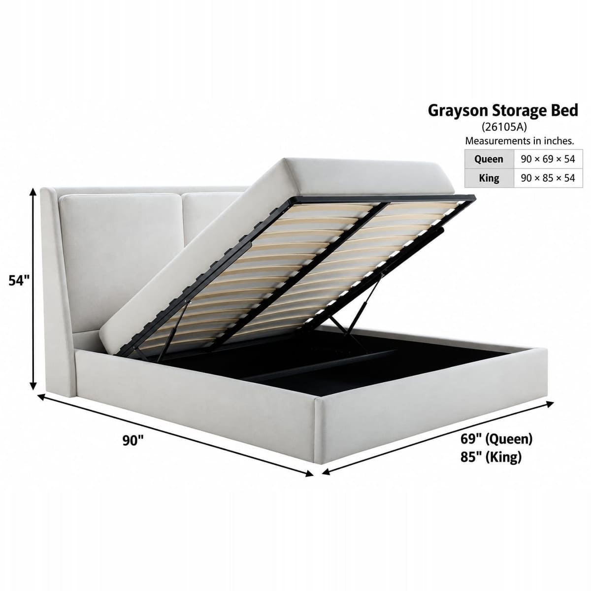 Grayson storage bed with hydraulic lift mechanism revealing spacious hidden under-bed storage