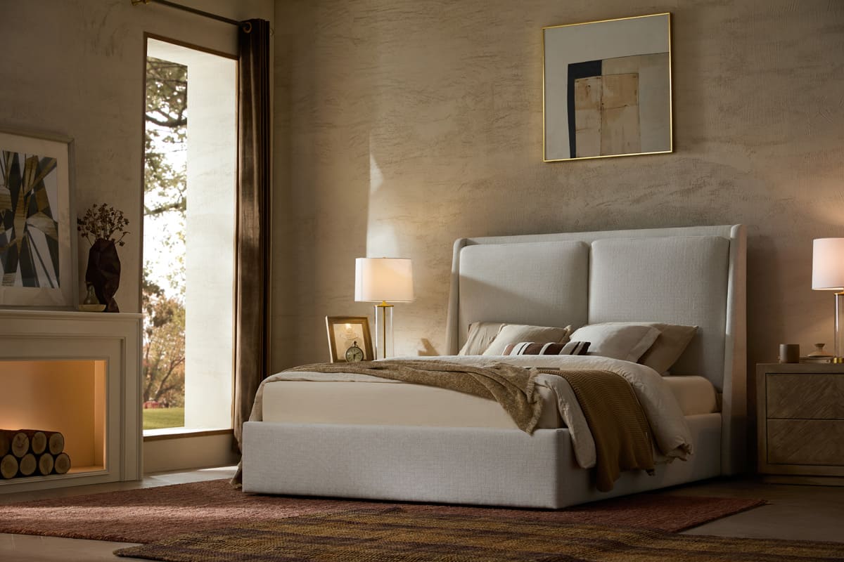 Grayson upholstered storage bed in premium performance fabric with modern padded headboard