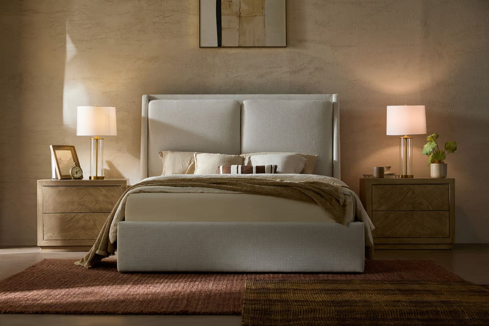 Front view of Grayson performance fabric storage bed with tall upholstered headboard