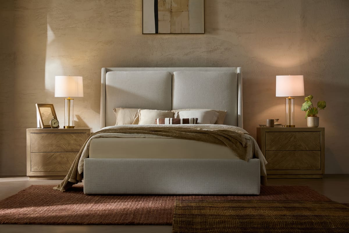 Front view of Grayson performance fabric storage bed with tall upholstered headboard