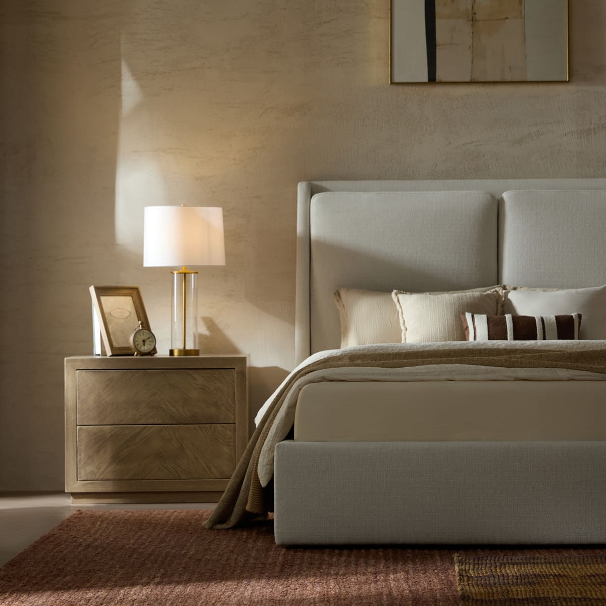 Grayson upholstered storage bed in a contemporary bedroom with elegant performance fabric