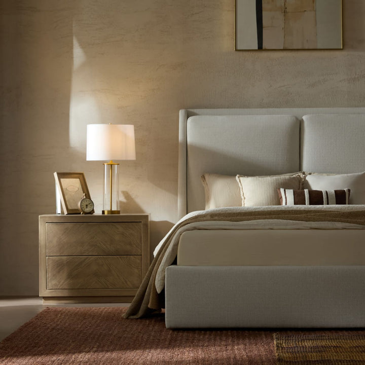 Grayson upholstered storage bed in a contemporary bedroom with elegant performance fabric