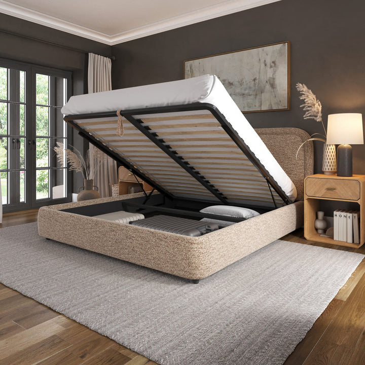 King size Aurora storage bed in brown boucle fabric with lift-up base