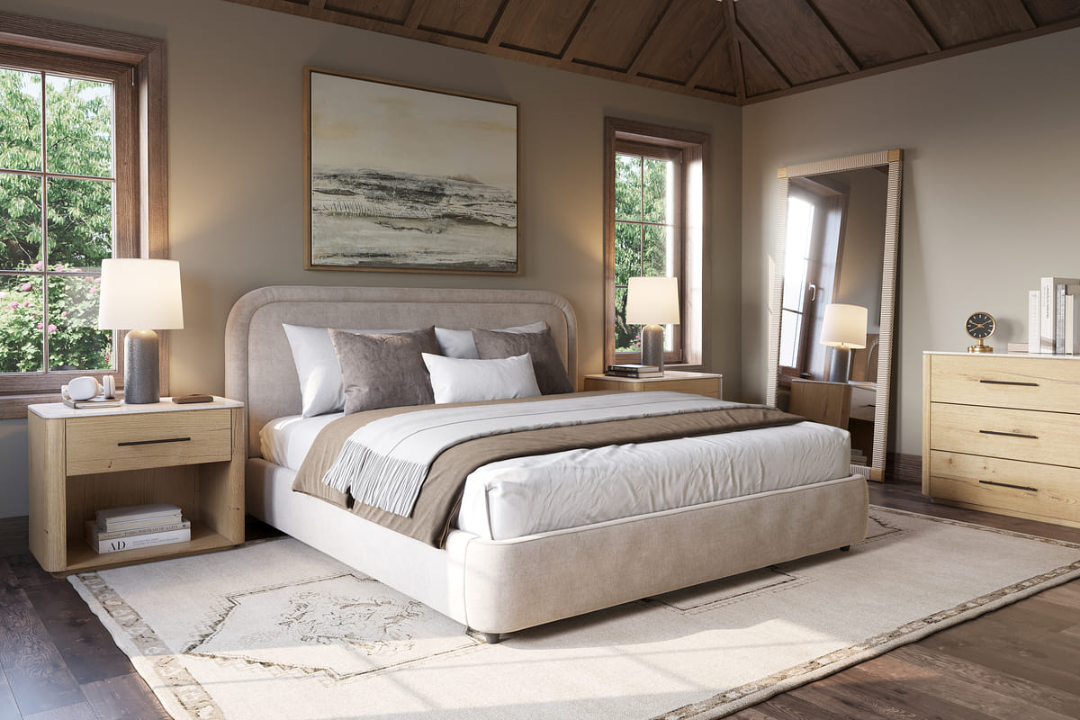 Modern bedroom with a bed, nightstands, and wall art.