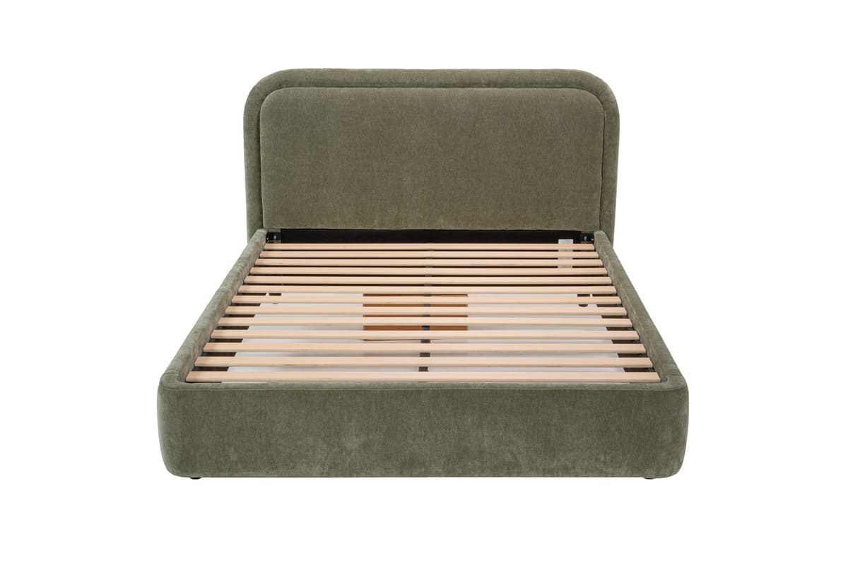 Green upholstered bed frame with wooden slats on a white background