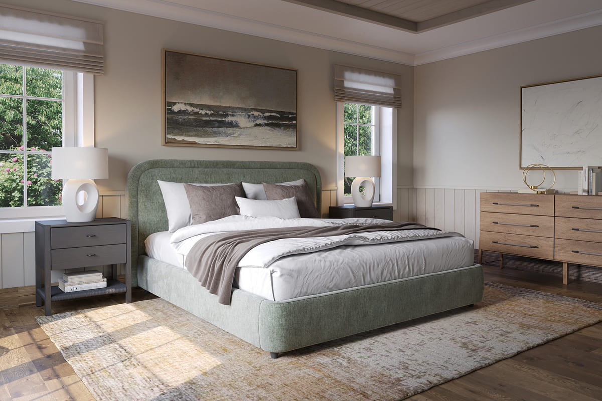 Neatly arranged bedroom with a bed, nightstands, and dresser.