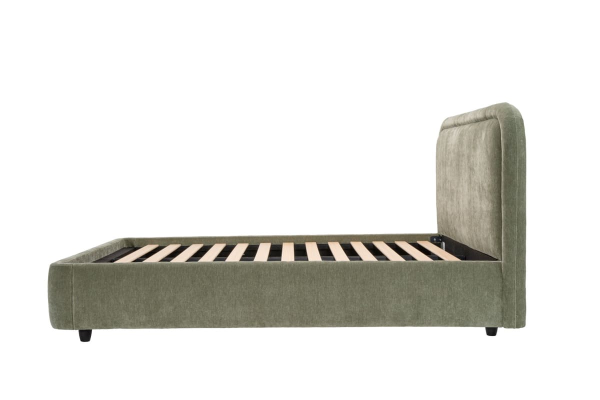 Green upholstered bed frame on a white background